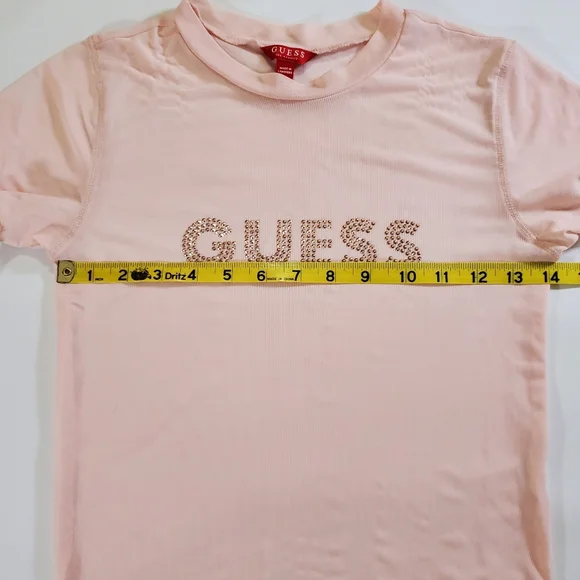 2531 * Guess Mesh Top Rhinestone Logo Sheer Short Sleeve Pink Blush Size S - Picture 7 of 8